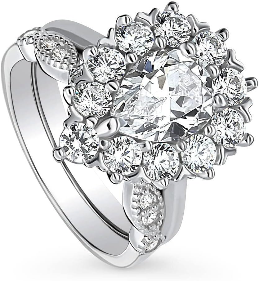 BERRICLE Sterling Silver Halo Wedding Engagement Rings Pear Cut Cubic Zirconia CZ Milgrain Ring Set for Women, Rhodium Plated