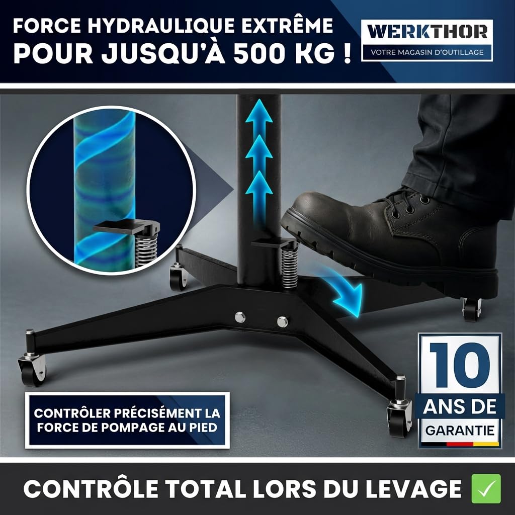 WERKTHOR Vérin de Fosse Hydraulique 500kg Noir | Cric de Fosse Réglable 113–195 cm avec Pédale & 4 Roues | Verin de Fosse Atelier pour Boîte Vitesse, Moteur, Transmission