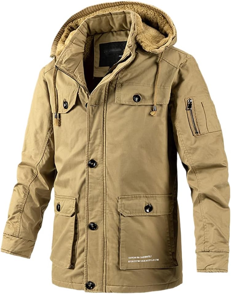 Disimlarl Men's Winter Parka Fleece Thickened Warm Hooded Retro Solid Color Field Jacket