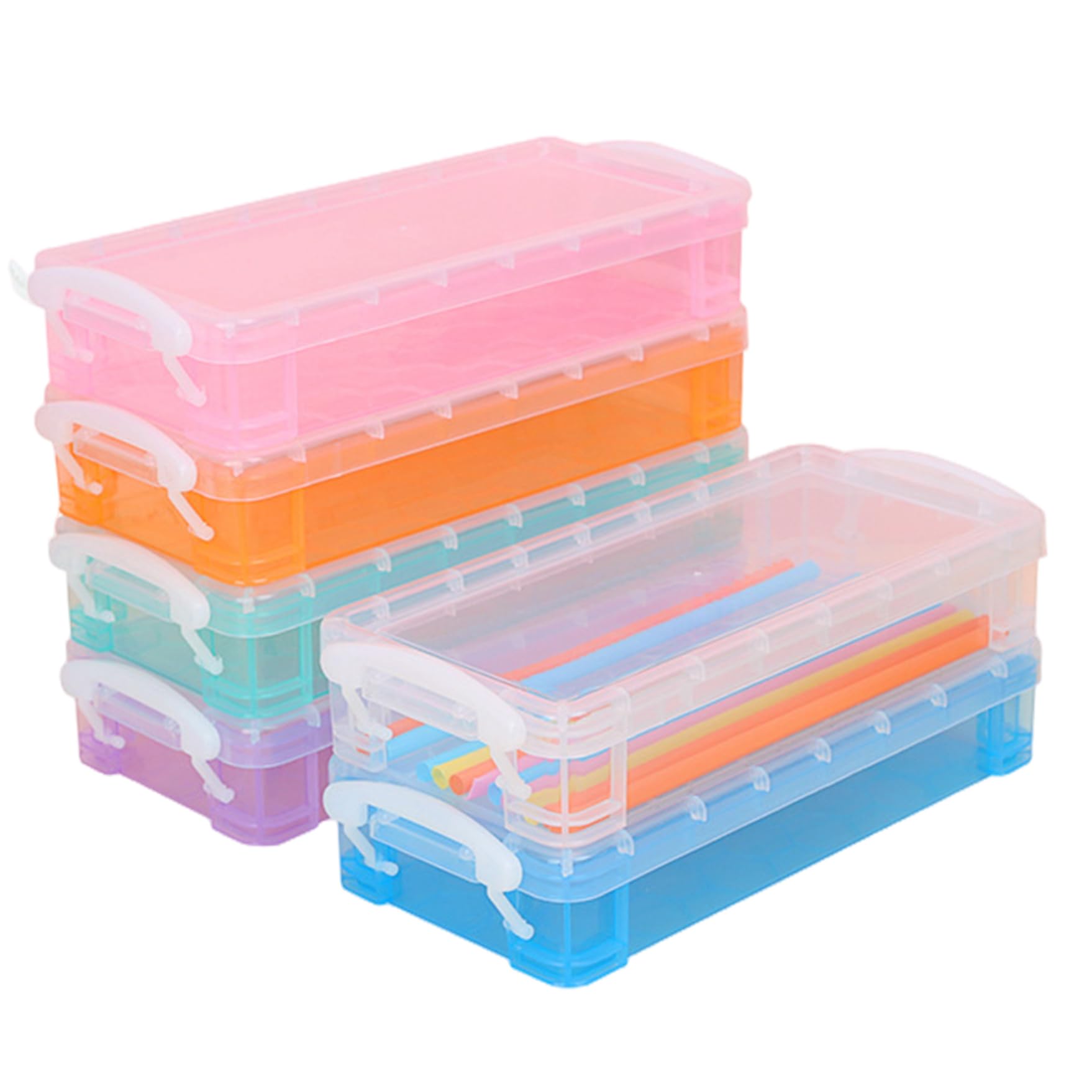 Joygoodta Plastic Pencil Box, 6PCS Translucent Crayon Box with Lid and Snap Button, 8.3x3.9x1.8 Inch Large Capacity Stackable Pencil Case for Craft, Pen, Art, School Supplies Case