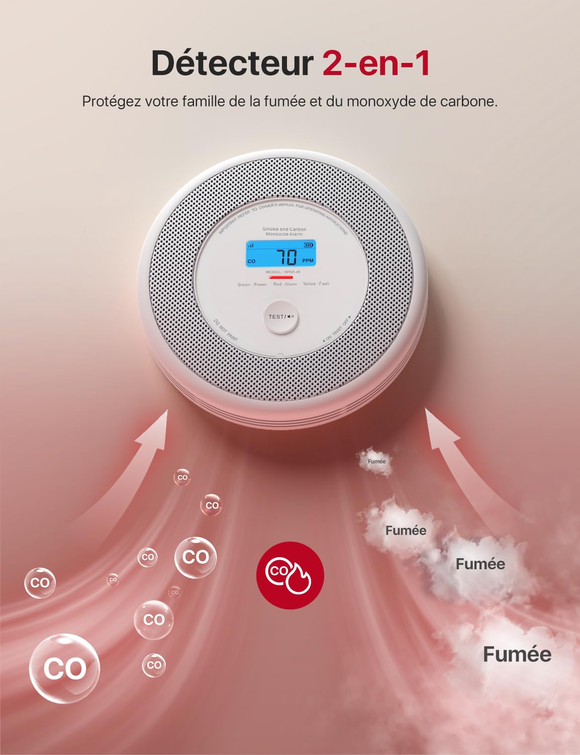 X-Sense Détecteur de Fumée et de Monoxyde de Carbone Connecté avec Fonction d’Alerte Vocale en Français, Détecteur de Fumée Wi-FI Compatible avec X-Sense Home Security App, XP0A-iR, Lot de 1