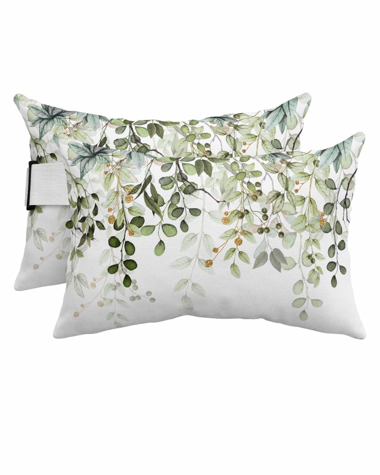 Outdoor Head Pillow for Chaise Lounge Chair Set of 2,Watercolor Botanical Green Leaves Waterproof Lumbar Pillow Cover with Insert&Strap,Abstract Foliage on White Throw Pillow for Patio Beach Pool