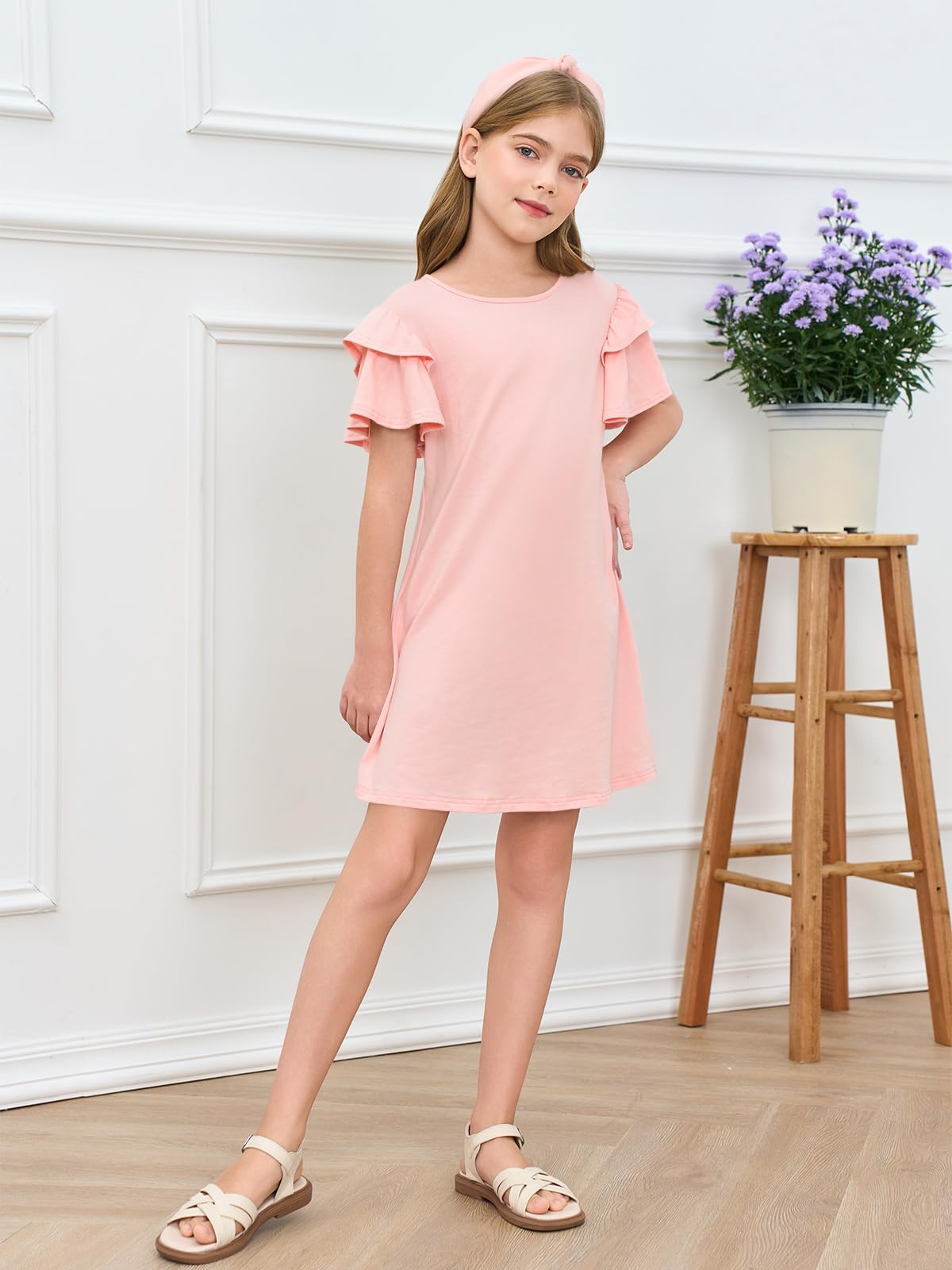 Vestido de niña con mangas con volantes cuello redondo verano línea A monocolor elegante fiesta cumpleaños boda