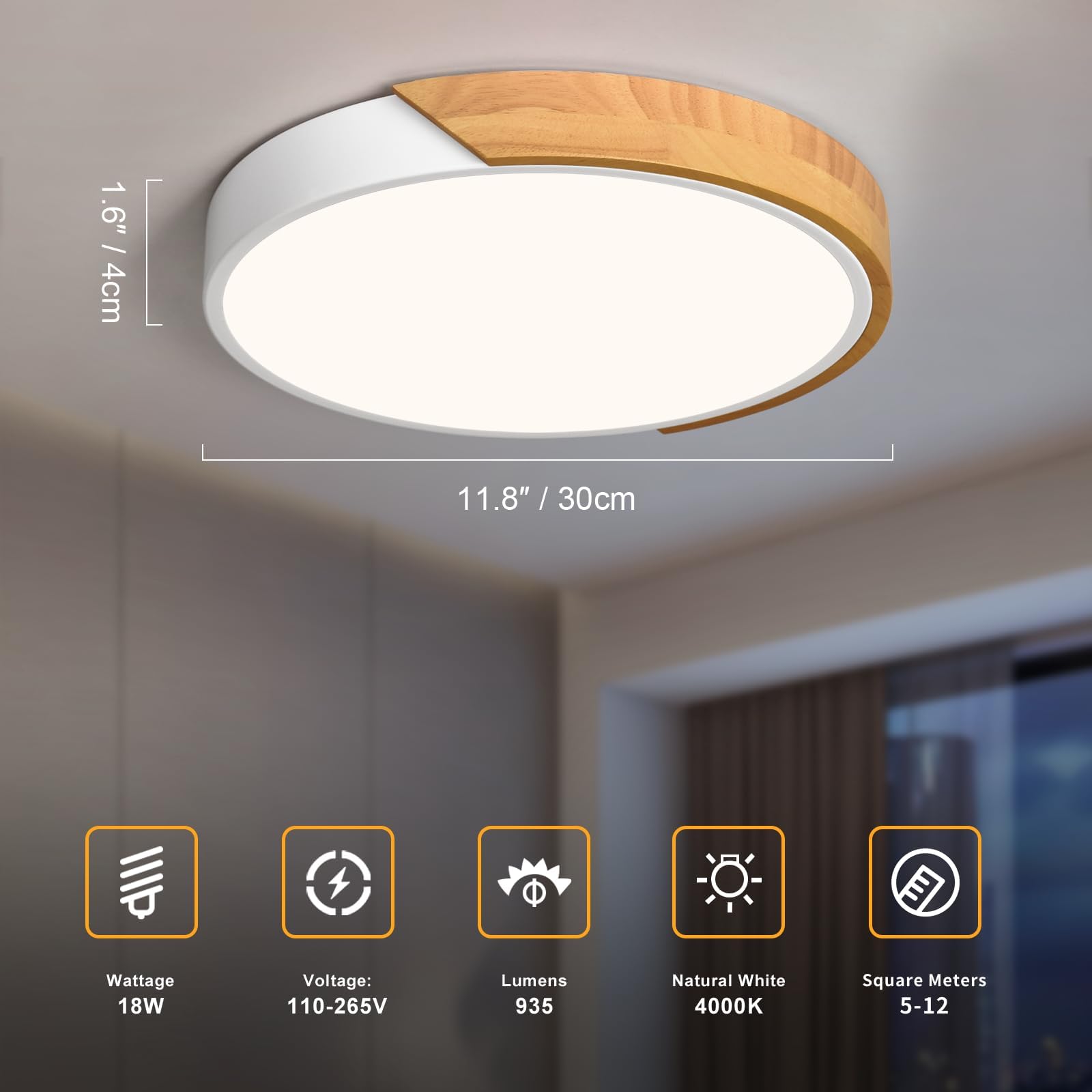 Vikaey Modern LED Ceiling Light, Minimalist Wood Style Flush Mount