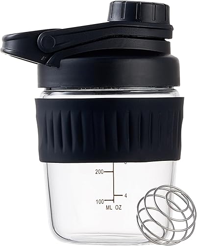 Botella agitadora pequeña de vidrio de 12 onzas, polvo de proteína de vidrio de borosilicato, mezcla de vasos pequeños para mezclas de proteínas con
