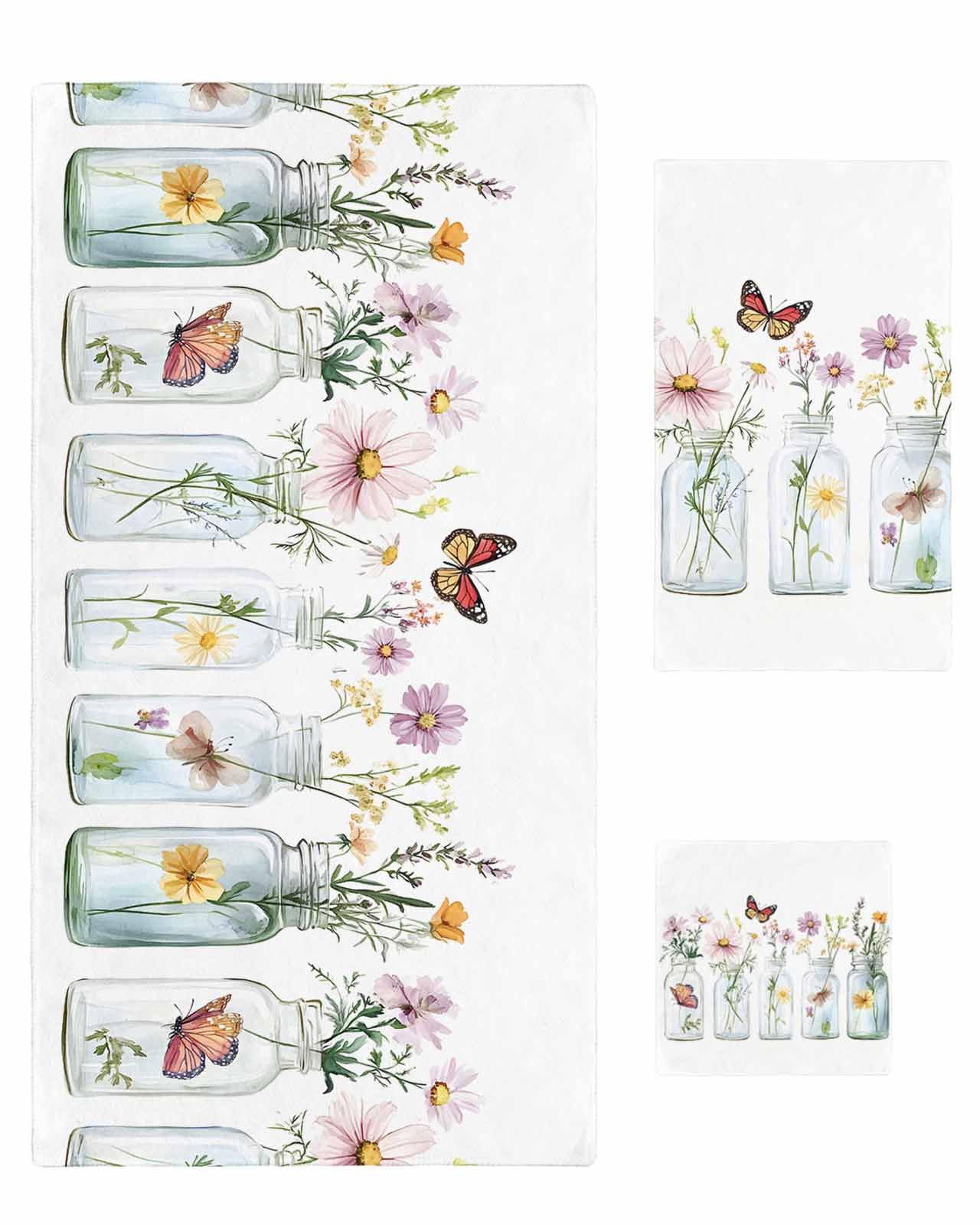 DecorLovee Vibrant Floral and Butterfly Bath Towels Set of 3 with Bath Hand Towel Washcloth, Colorful Green Leaves Towel Sets for Bathroom/Kitchen/