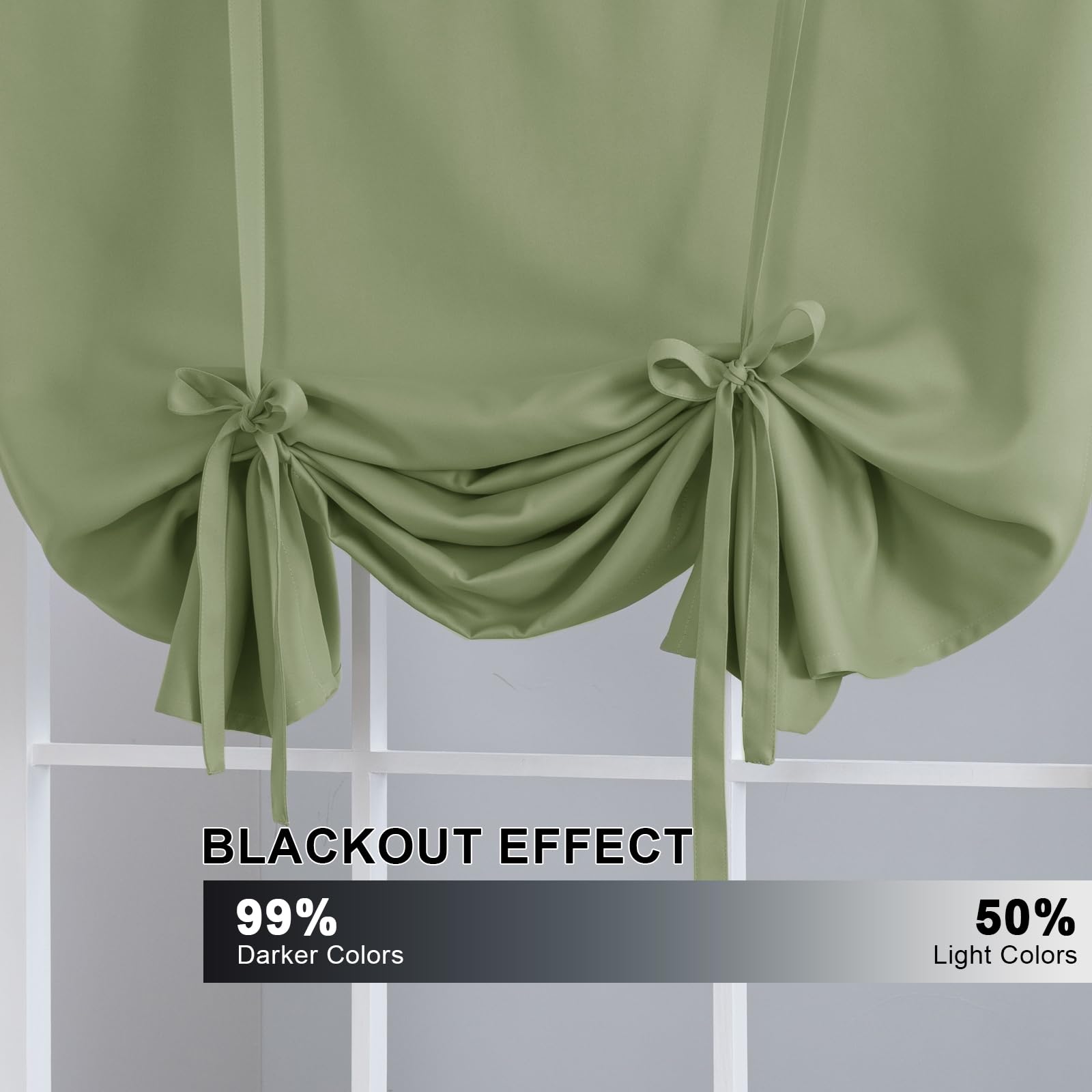 H.VERSAILTEX Blackout Sage Tie Up Curtain Thermal Insulated Curtain Bathroom Curtain Tie Up Shade for Small Window (Rod Pocket Panel, 42 inches W x 63 inches L, 2 Panels)