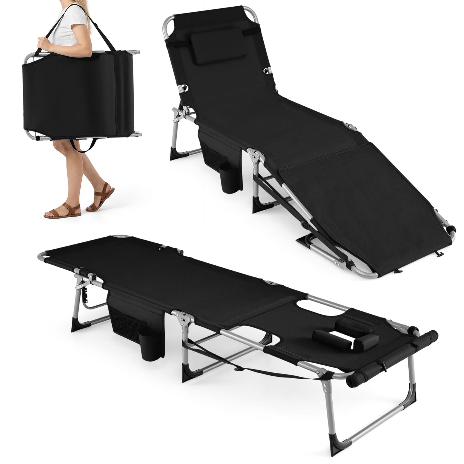 COSTWAY Folding Sun Lounger, 4/5-Position Adjustable Garden Chaise Lounge Chair Sunbed with Face Hole & Pillow, Portable Outdoor Sunbathing Tanning Recliner for Patio Beach (Black with Storage Pocket) — image 1