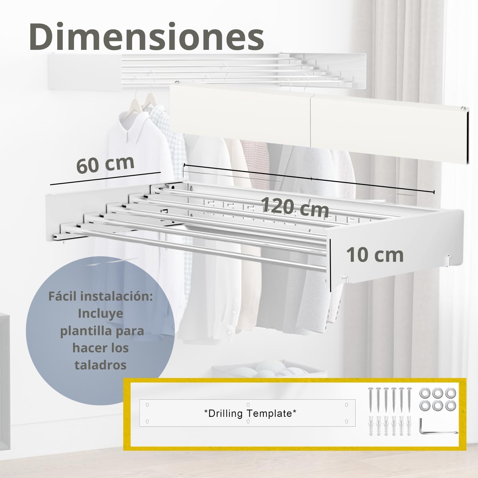 Tendedero Plegable de Pared – Tendedero Extensible retráctil Interior y Exterior – Tendederos Plegables de Pared Soporta 30 kg – Incluye Plantilla, Tornillos y 24 Pinzas – (Blanco, 120)