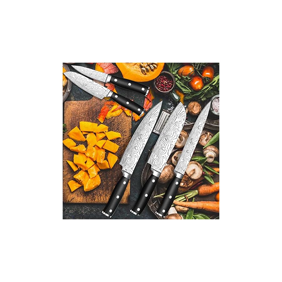 KroWallu-kitchen-Knife-sets-5-Piece-Chef-Knife-with-Triple-Riveted-Handle-High-Carbon-Stainless-Steel-Ultra-Sharp-Well-Balanced-Perfect-Cutlery-Set-Gift-with-Beautiful-Wood-Storage-Block KroWallu 5-Piece Stainless Steel Kichen Knife Set with Ergonomic Triple Riveted Handle, Rust-proof, Easy to clean, Professional Chef Knife Set for Home and Restaurant