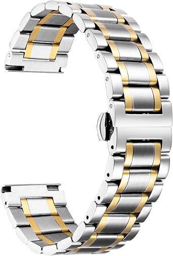 BINLUN Stainless Steel Watch Band 12mm 14mm 16mm 18mm 19mm 20mm 21mm 22mm 24mm Adjustable Metal Link Watch Bracelet with Straight & Curved Ends for Business Daily Wear Men & Women Silver-Gold