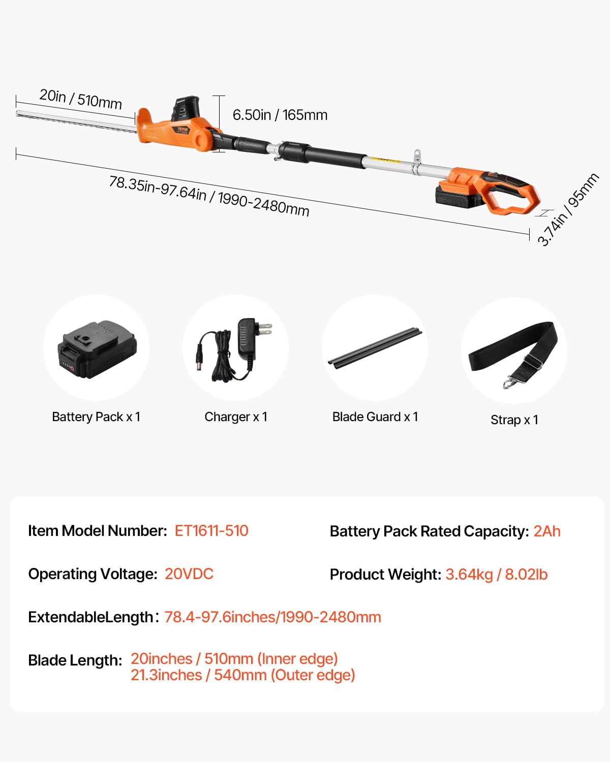 VEVOR Cortasetos Eléctrico, 1200 RPM Cortasetos de Pértiga Inalámbrico con Cuchilla de 510 mm, 5 Ángulos Ajustables, Batería de 20 V, Extensible de 1,9 m-2,4 m, para Ramas Altas para Jardinería