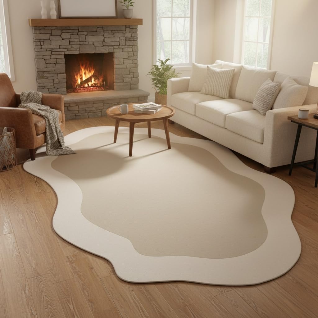 Minimalist Cream Beige Irregular Area Rug 5x8 Modern Abstract Shaped Rugs for Living Room Guestroom Meetingroom Unique Designer Low Pile Washable Carpet Funky Boho Bedroom Home Office Anti Slip Mats