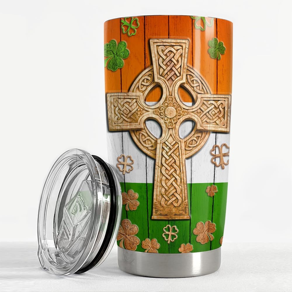 SANDJEST Irish Tumbler 20oz Celtic Cross Irish Fact Stainless Steel Tumbler with Lid Gifts for Women Birthday Christmas - Image 3