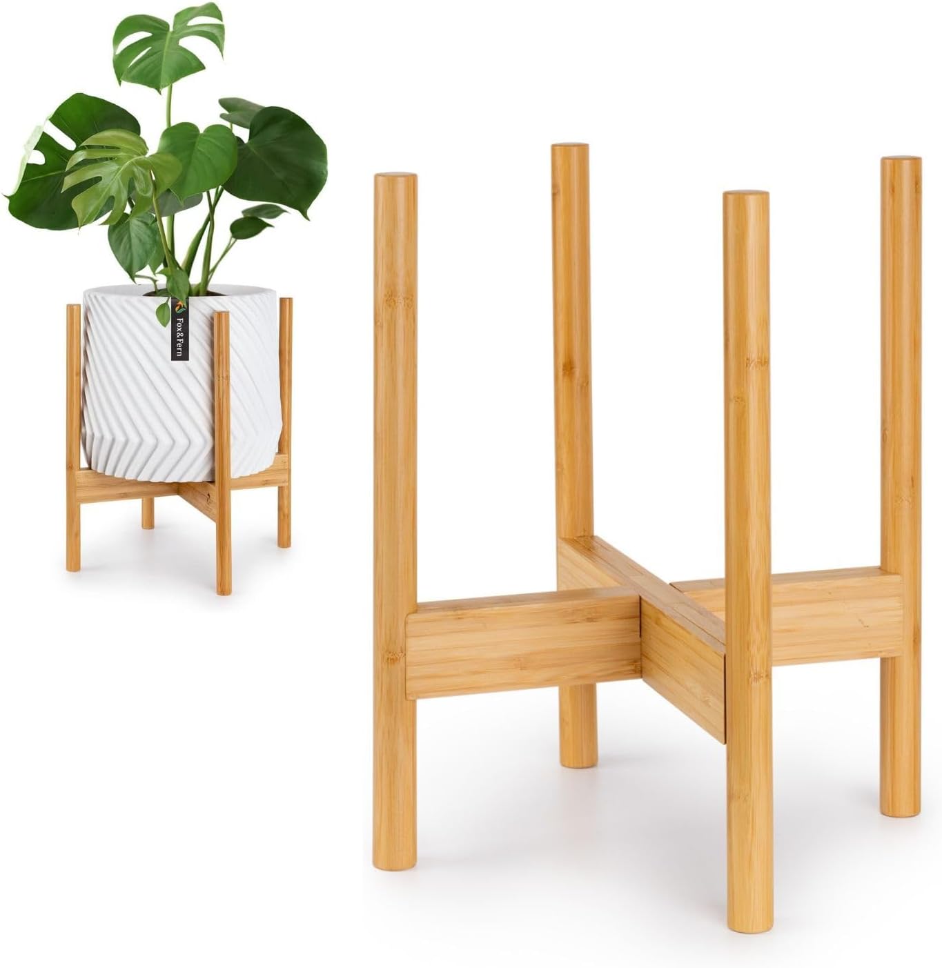 Fox & Fern Bamboo Plant Stand — 11.8 Inch Fixed Size Wooden Mid Century Planter Stand for Indoor Planters (Not Included) - Large Flower Pot Holder for Indoor Big Pots - Plug In Design - Bamboo