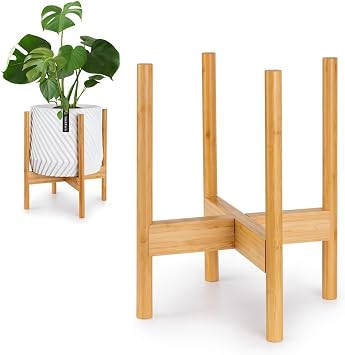 Fox & Fern Mid-Century Modern Plant Stand - Bamboo - EXCLUDING 30cm White Ceramic Plant Pot
