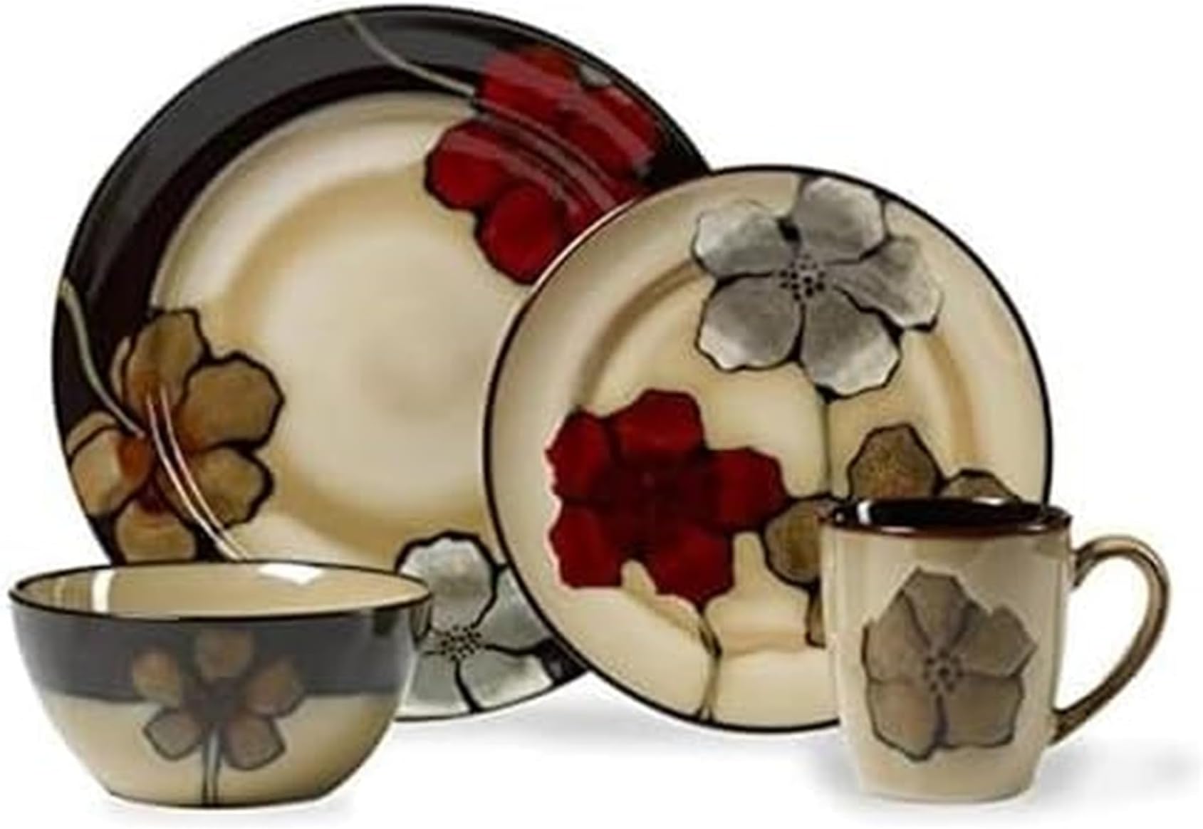Painted Poppies 16-Piece Dinnerware Set, Service for 4, Colorful Floral Stoneware Plates, Bowls, and Mugs, Microwave and Dishwasher Safe