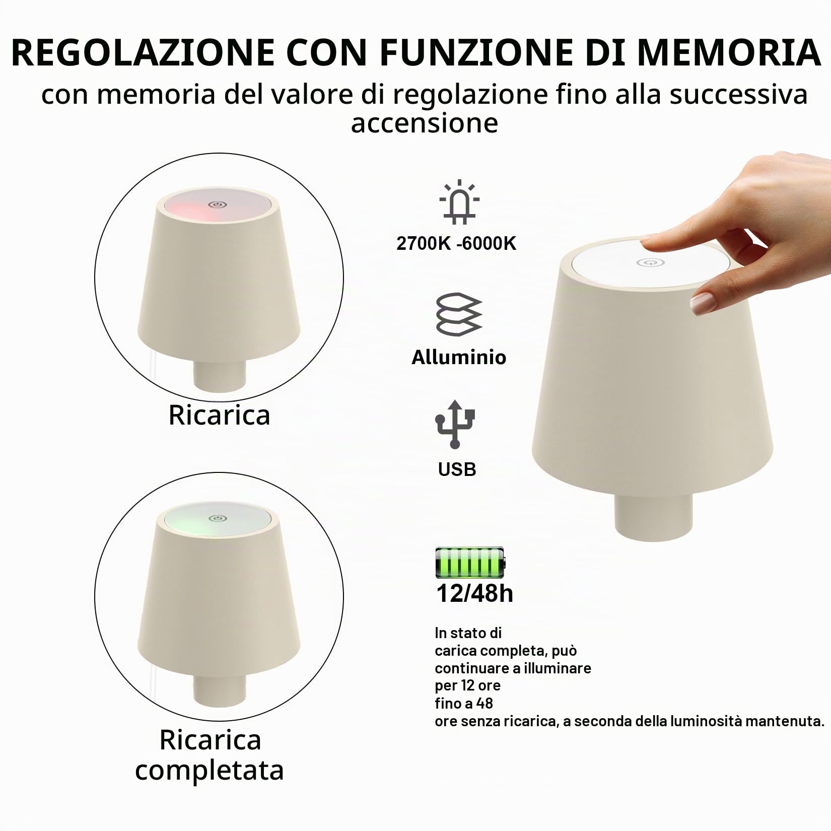 Aipsun Confezione da 2 lampade da tavolo a LED a batteria, dimmerabili, colore beige, 2700 K-6000 K, 3 W, IP54, lampada a bottiglia, in alluminio, per giardino, bar e ristorante