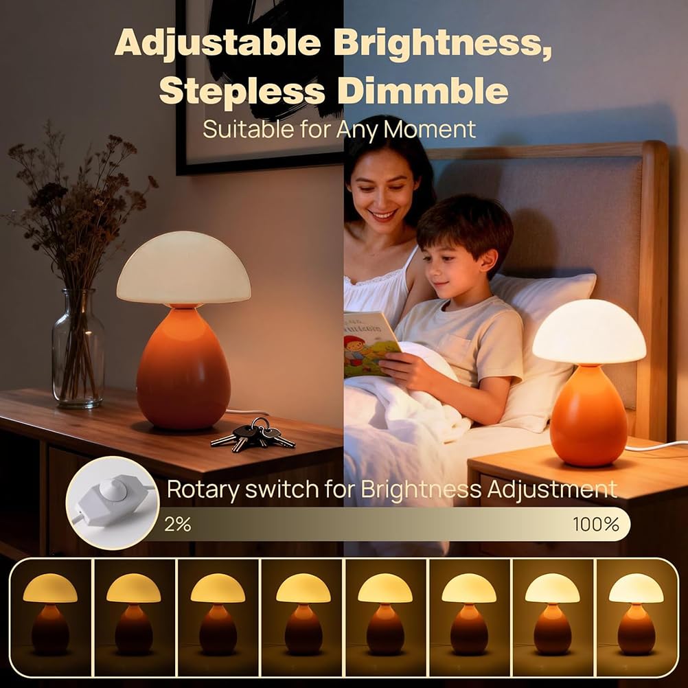 AoLa Pilzlampe Orange LED Pilz Tischlampe mit Kabel und Schalter Dimmbar Tischleuchte lnnen mit Stecker Orange Nachttischlampe Glas Modern Dekorative Lampe für Wohnzimmer Schlafzimmer, 3000K
