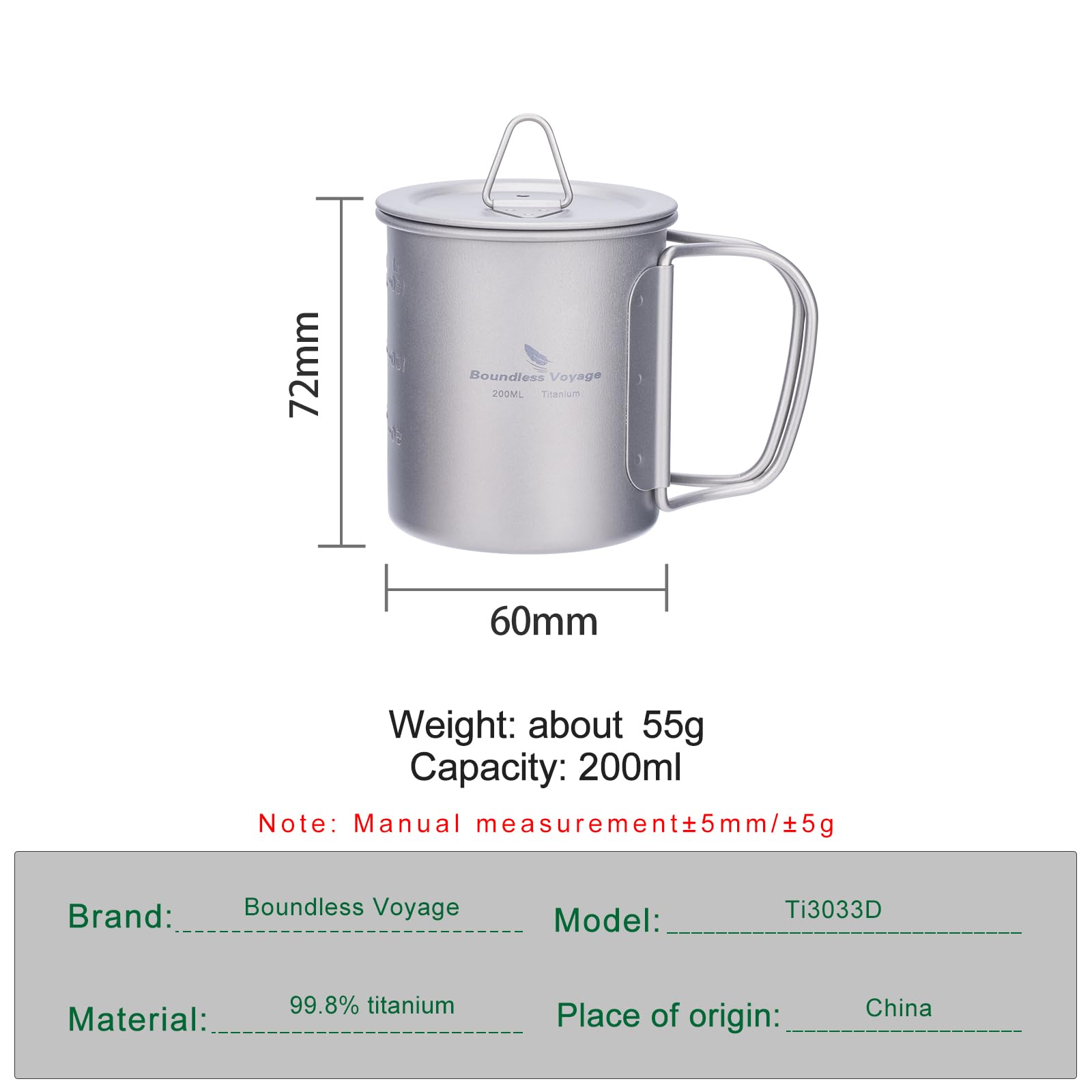 iBasingo Titan Becher Camping Topf Outdoor Kaffee Tee Tasse mit Deckel & Faltbarem Griff 200ml/300ml/420ml/450ml/500ml/600ml/750ml Leichte Kochgeschirr Backpacking Picknick Trinkgeschirr