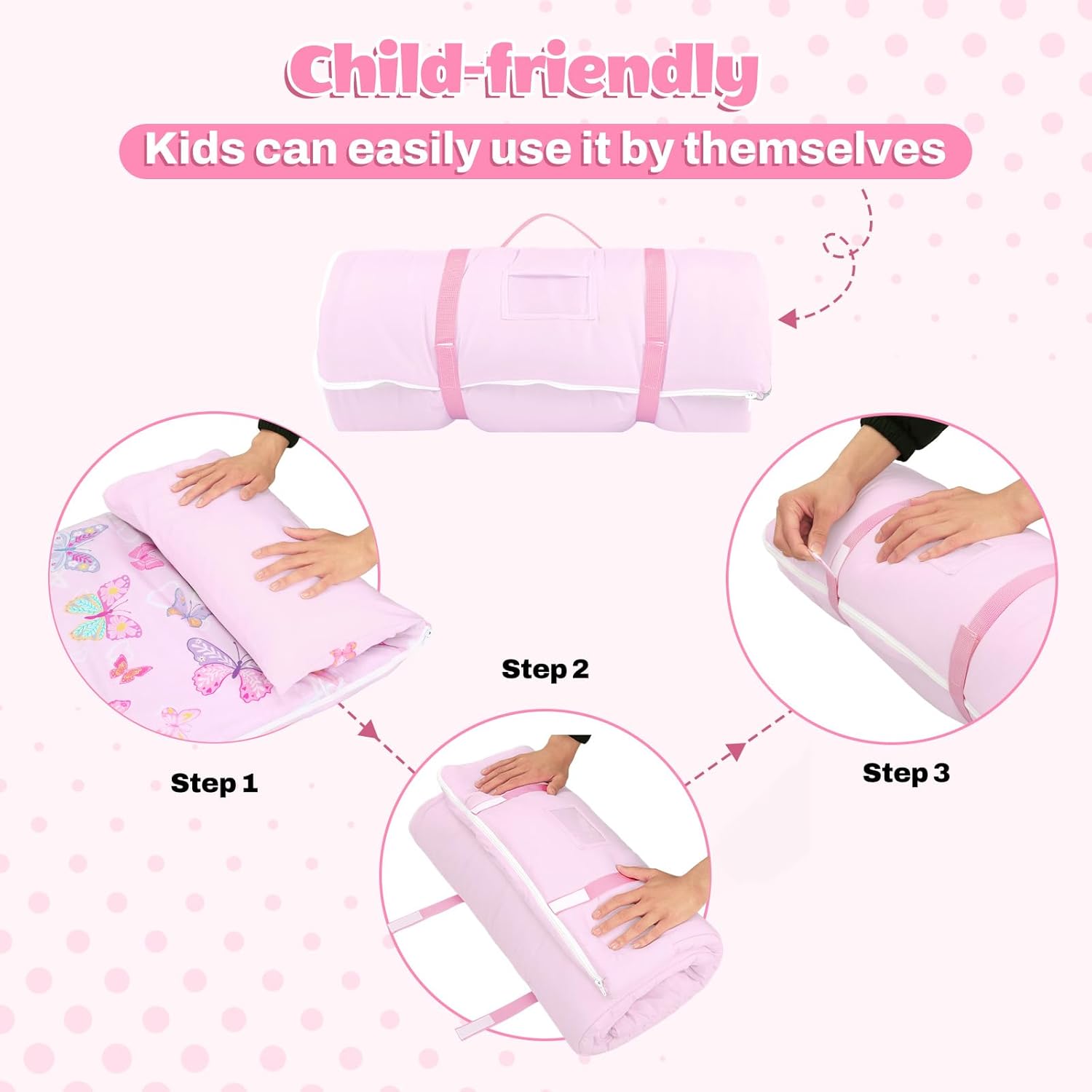 Toddler Nap Mat Sleeping Bag with Removable Pillow, 59" x 24" Kids Roll Up Portable Slumber Mat for Daycare, Kindergarten, Camping – Lightweight, Soft & Easy to Clean for Girls and Boys