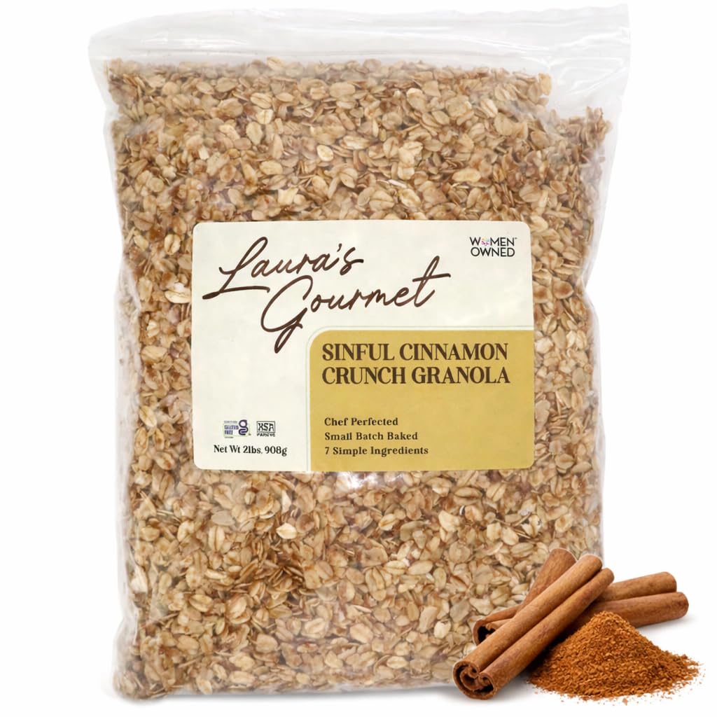 Laura's Gourmet Granola Sinful Cinnamon Crunch, 2 lb, Gluten-Free Oats, Vegan, Dairy & Soy Free Snack, Organic Agave, Cinnamon & Vanilla, Artisan, Breakfast Cereal, Non-GMO, Natural