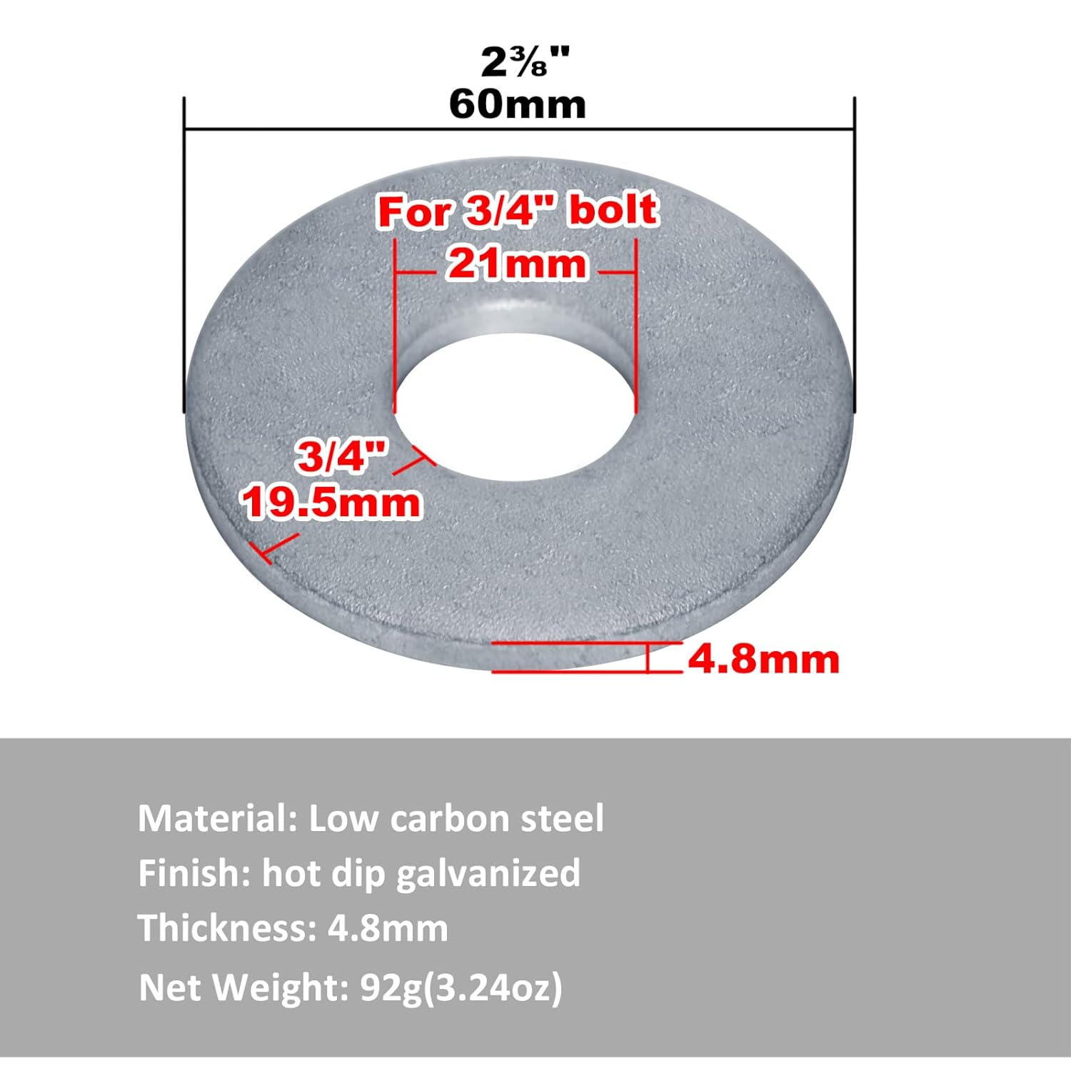 20 PCS Thick Fender Washer 3/4" ID x 2-3/8" OD, Hot Dip Galvanized Round Washer, 4.8mm Thickness