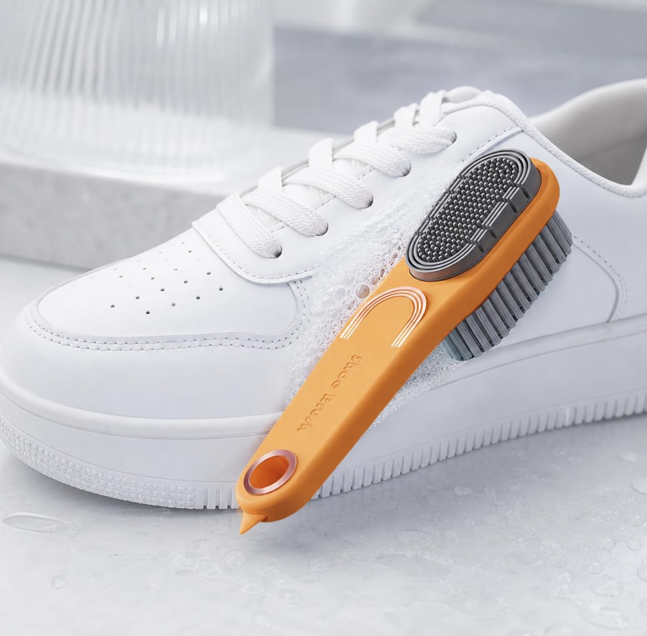 Double-Sided Shoe Brush, Long Handle for Sneakers & Suede | Soft-firm, non-shedding bristles. Ergonomic grip, tail removes sole stones， For sneakers, canvas, suede, nubuck