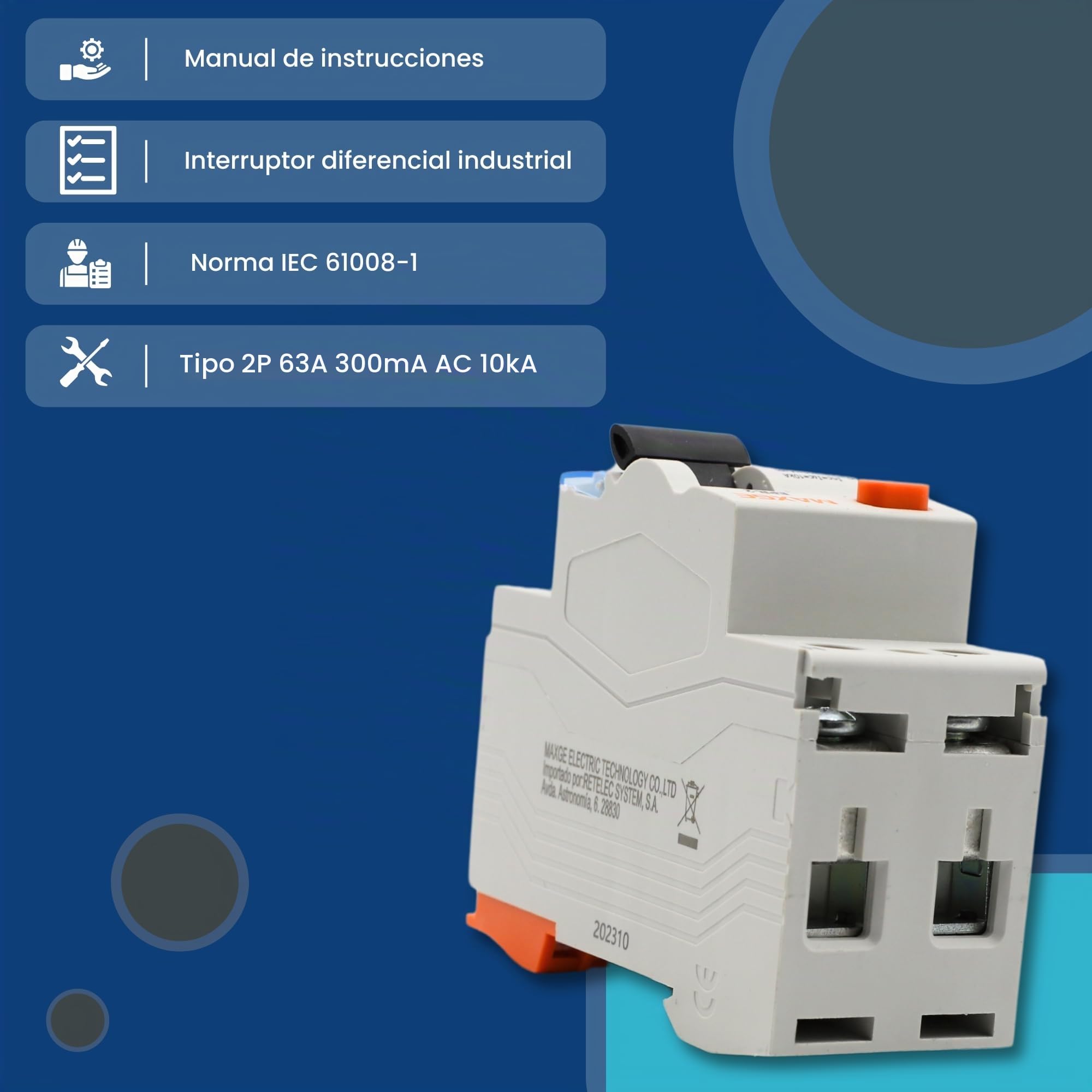TECHZOCO Interruptor diferencial industrial y terciario Clase AC, Tensión de empleo 415/240V AC, Normativa EN/IEC61008-1, Poder de corte 10000A, Clase AC Detecta corrientes de fuga alternas, 63A
