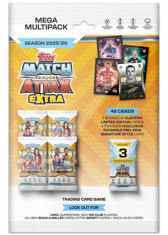 Topps UCC Match Attax Extra 2026 - Mega Multipack - Contient 48 Cartes, Plus 3 Cartes Electrix Le aléatoires et Une Carte Facsimile Pro-View Signature Style...
