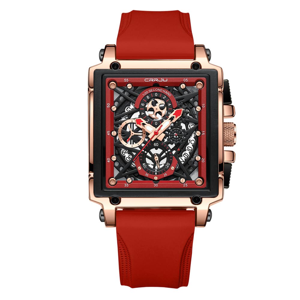 CRRJU Herren Armbanduhr Silikon Chronograph Männer Rechteckig Sport Uhren | Silikonarmband, Wasserdicht, Analoge, Quadrat Zifferblatt, Leuchtzeiger, Quarzuhr, Sportuhr