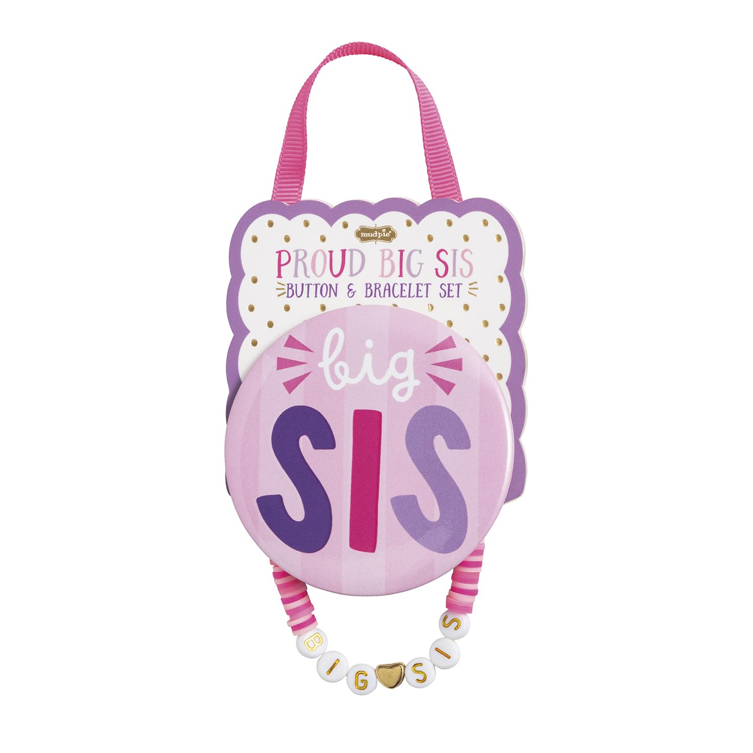 Mud Pie Kids' Pink Big Sibling Bracelet & Button Pin Set