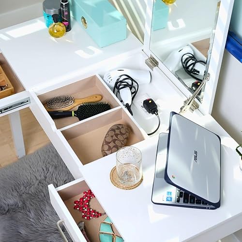 Miniatura 9 de Hives and Honey Ainsley - Escritorio de tocador, espejo elevador, almacenamiento, USB y toma de corriente, 2 cajones, deslizamiento suave, diseño