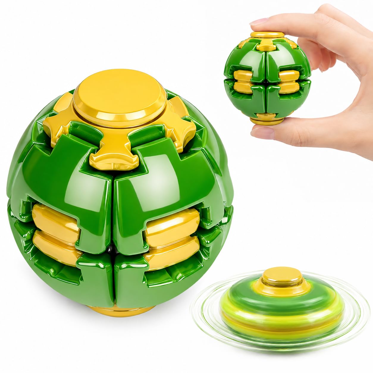 Press to Spin Fidget Ball, Sensory Stress Relief Toy, Green & Yellow