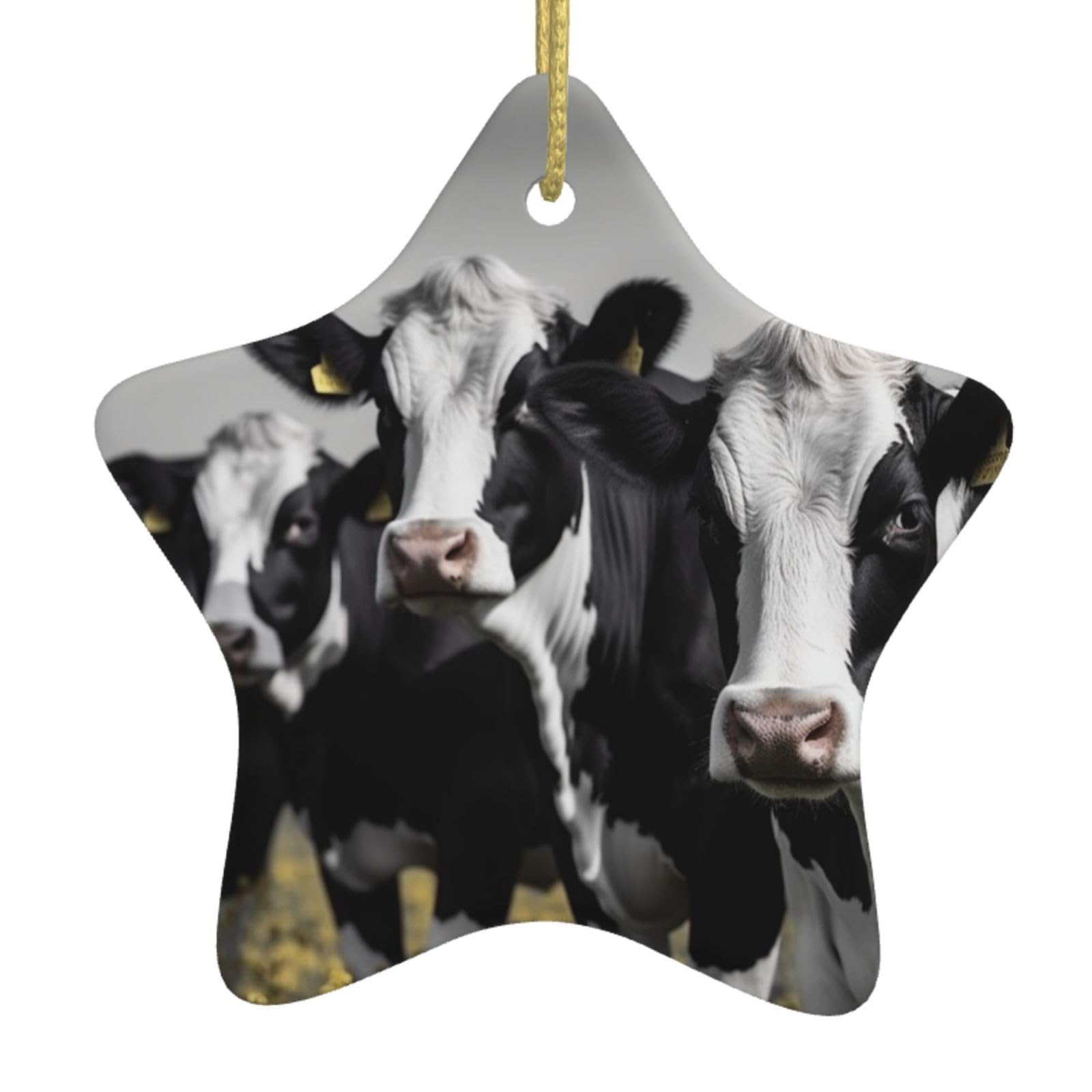 Ceramic Christmas Tree Hanging Ornaments with Gold Ropes Christmas Tree Decorations Star Ceramic Black White Cows Pendant Keepsake Decorations for Holiday Xmas Gift Ideas