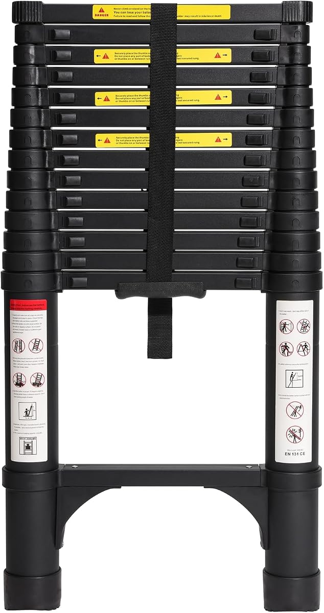BOCOM 14.5 FT Aluminum Telescoping Ladder, Lightweight Multi-Purpose Collapsible Extension with 2 Triangle Stabilizers, Heavy Duty 330 lbs Max Capacity, Ideal for Home, RV, and Outdoor Work Black