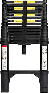 BOCOM 14.5 FT Aluminum Telescoping Ladder, Lightweight Multi-Purpose Collapsible Extension with 2 Triangle Stabilizers, Heavy Duty 330 lbs Max Capacity, Ideal for Home, RV, and Outdoor Work Black