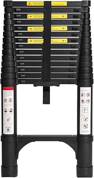 BOCOM 14.5 FT Aluminum Telescoping Ladder, Lightweight Multi-Purpose Collapsible Extension with 2 Triangle Stabilizers, Heavy Duty 330 lbs Max Capacity, Ideal for Home, RV, and Outdoor Work Black