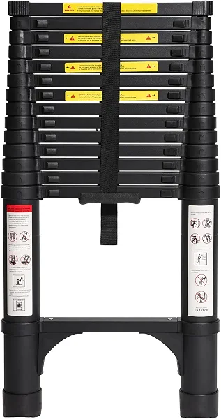 BOCOM 14.5 FT Aluminum Telescoping Ladder, Lightweight Multi-Purpose Collapsible Extension with 2 Triangle Stabilizers, Heavy Duty 330 lbs Max Capacity, Ideal for Home, RV, and Outdoor Work Black