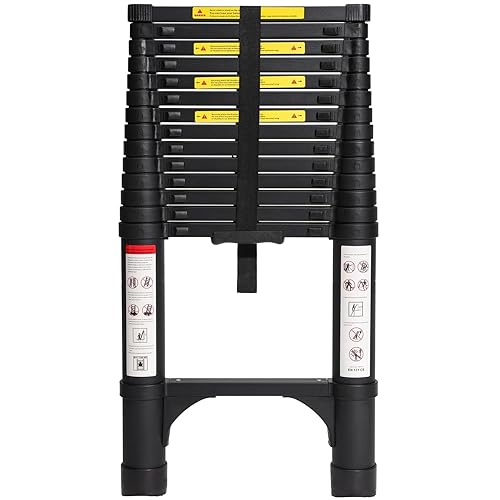 BOCOM 14.5 FT Aluminum Telescoping Ladder, Lightweight Multi-Purpose Collapsible Extension with 2 Triangle Stabilizers, Heavy Duty 330 lbs Max Capacity, Ideal for Home, RV, and Outdoor Work Black