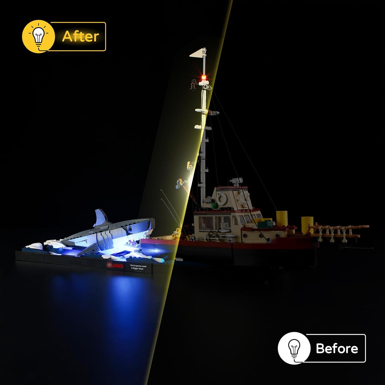 Side-by-side comparison of the 21350 Ideas Jaws model before and after installing the YEABRICKS LED light kit, highlighting the significant visual enhancement.