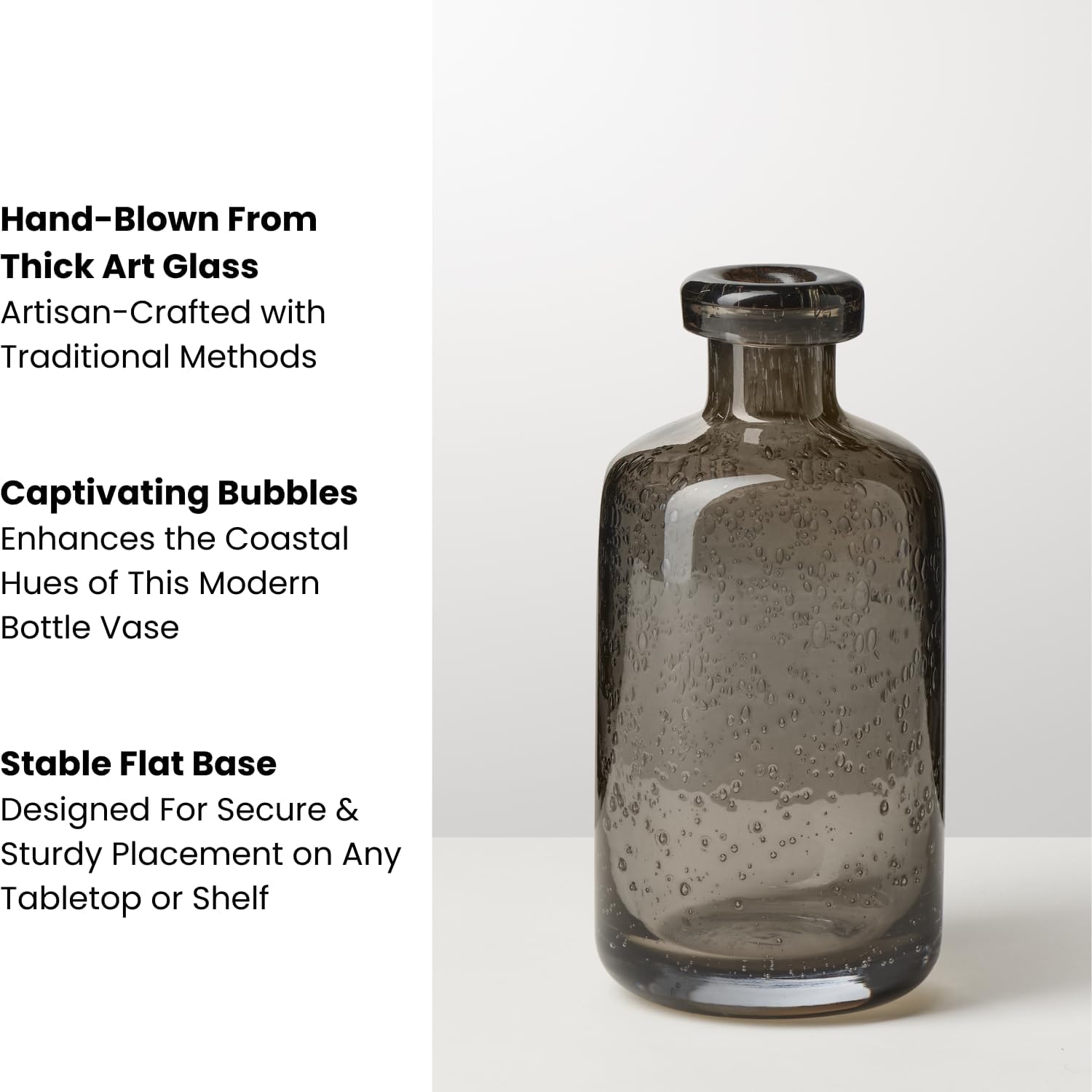 Torre & Tagus 6" Solid Gray Glass Vase for Flowers & Reed Diffuser Bottle, Mouth Blown & Watertight Clear Black Vases for Modern Home Decor, Small Bud Vases For Shelf, Bookcase, or Wedding Gift (Tito)