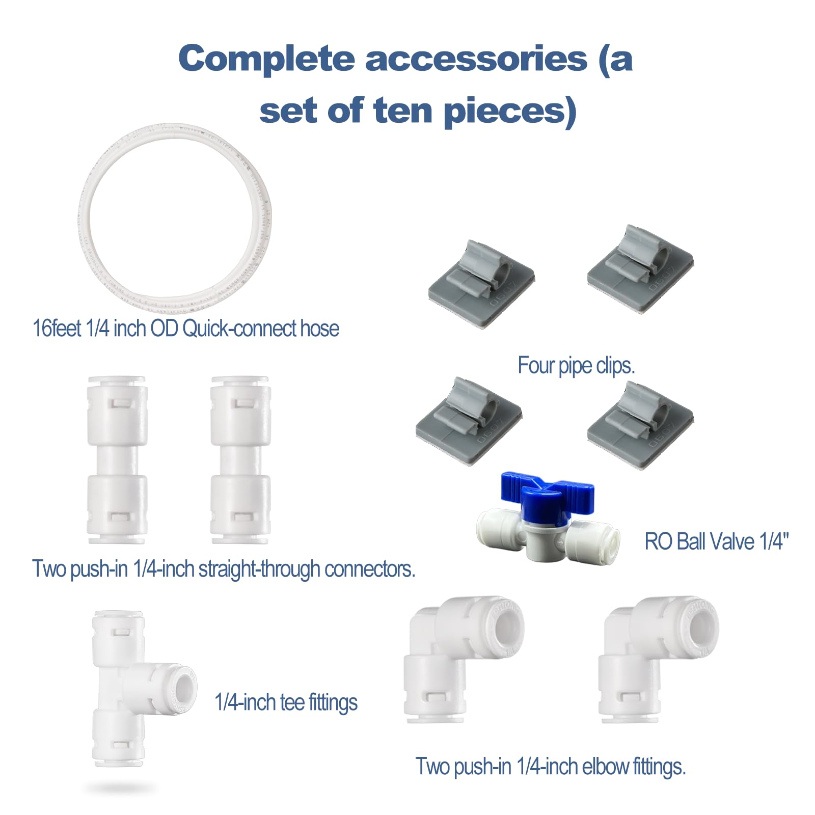 Tubo de agua RO (10FCS) 1/10.2 cm O.D.16 pies 1/4 línea de agua con adaptador bien sellado, accesorios rápidos. Empuje para conectar tubos de agua de 1/4 od, accesorios de tubo de agua, sistema RO
