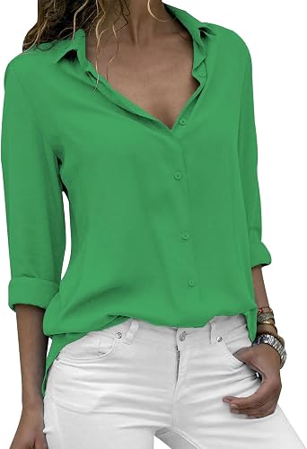 Button Down Shirts for Women Cotton Linen Dressy Shirts Summer Beach Shirt Long Sleeve Collared Solid Blouse