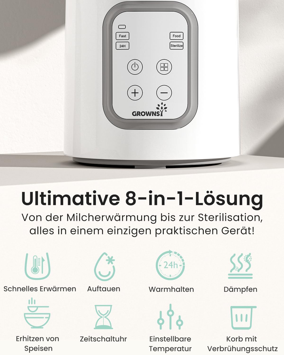 Flaschenwärmer, GROWNSY 8-in-1 schneller Babymilchwärmer mit Timer für Muttermilch oder Formula, genaue Temperaturkontrolle,mit Auftau,Sterilisier,Aufbewahrungs,Erwärmungsfunktion für Babykostgläser