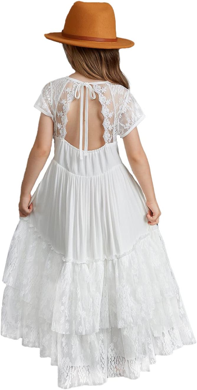 BIBIHOU Girls Kids Lace Back Full-Length Backless Tulle Party Holiday Formal Flower Girl Dress
