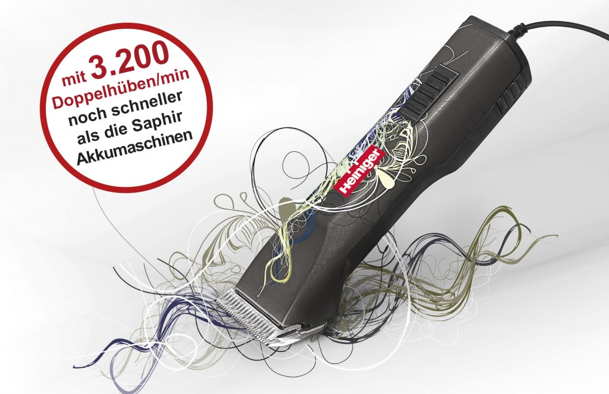Heiniger Saphir Cord Trimmer with German text indicating 3200 double strokes per minute