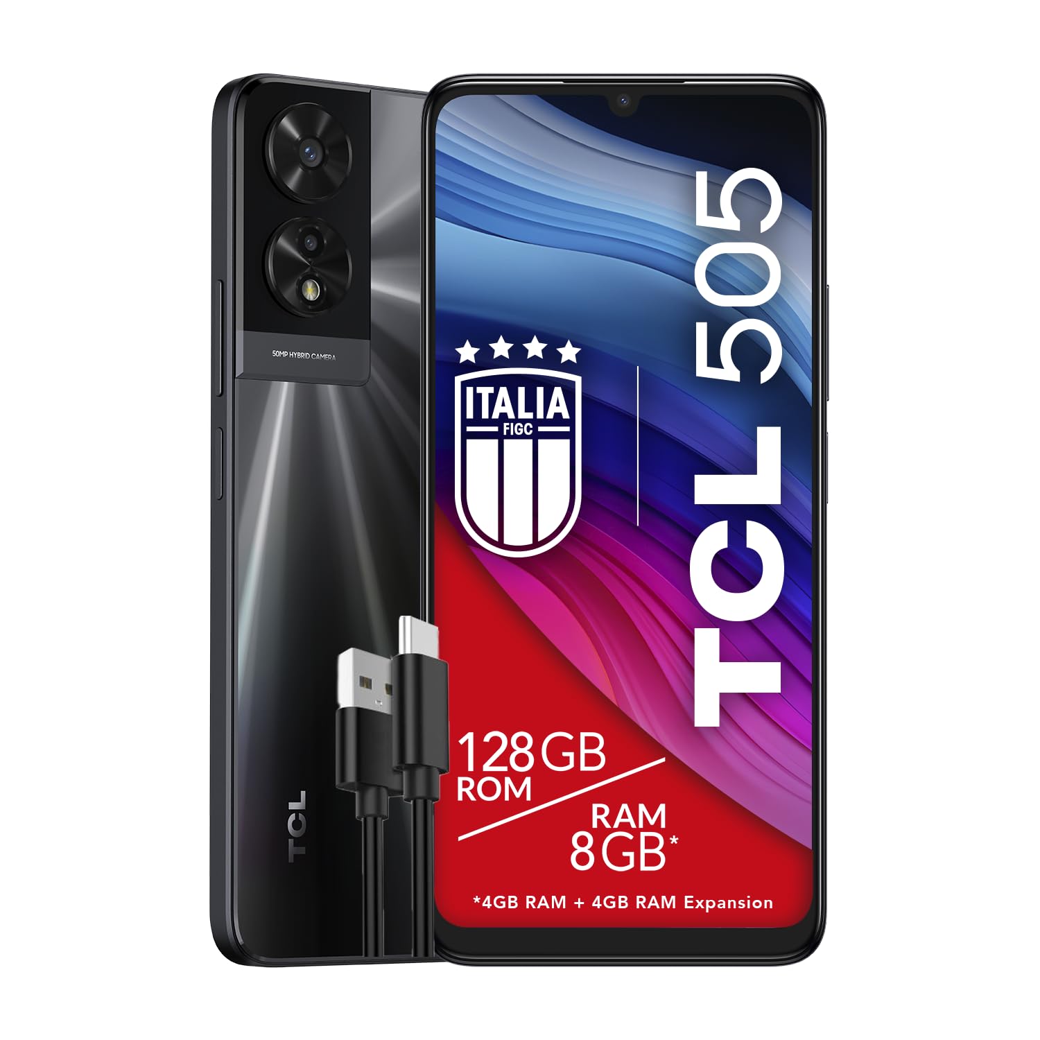 TCL 505 - Smartphone 4G Display 6.75 HD+ 90Hz, 128GB, 8GB RAM (4+4GB RAM expansion), 50Mp Hybrid camera, Android 14, Batt. 5010 mAh, Dual Sim, Space Grey, Cavo USB Type-C Aggiuntivo
