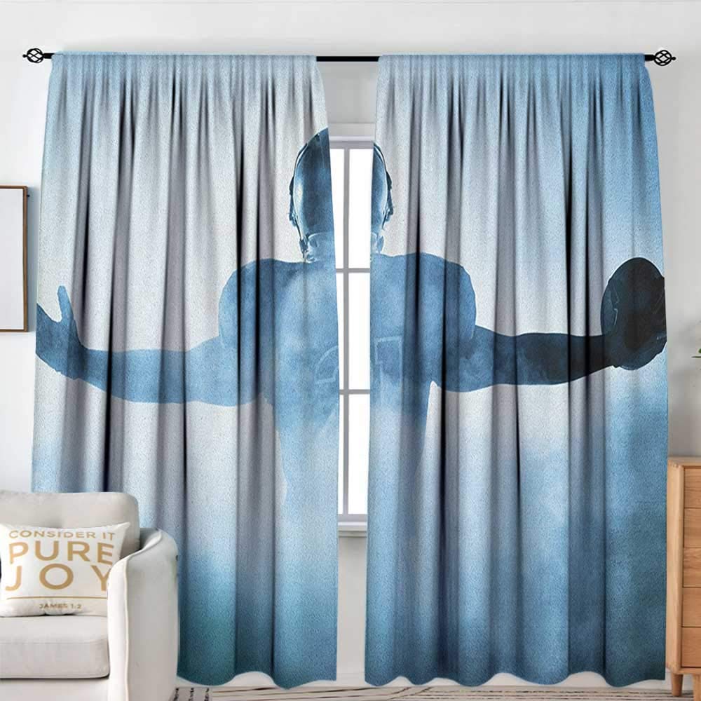 NUOMANAN Decor Waterproof Curtains Sport,Heroic Shaped Rugby Player Silhouette Shadow Standing in Fog Playground Global Sports Photo, Blue,Blackout Draperies for Bedroom Living Room 54"x63"
