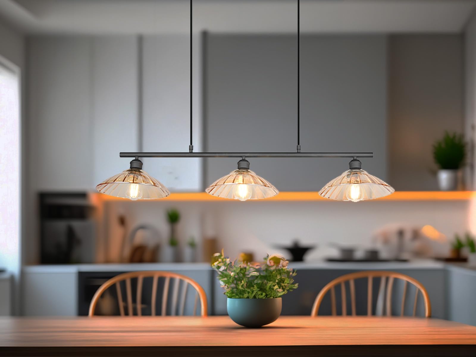 meineWunschleuchte Lampa wisząca 3-punktowa czarna, szklane abażury bursztyn, szerokość 100 cm